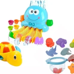 Merkloos Badspeelgoed - Badspeeltjes - Speelgoed Bad - Baby Cadeau - Peuter Cadeau - Baby, Peuter, Kleuter - 0, 1, 2, 3, 4, 5 Jaar - Octopus Met Waterglijbaan , Schepnetje Met Knijpdiertjes , Opwindbare Schildpad - Waterspeelgoed - Bewegend Speelgoed