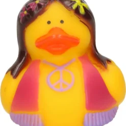 Merkloos Badeendje - Flower Power Hippie - Geel Met Roze-paars Vestje - 5 Cm